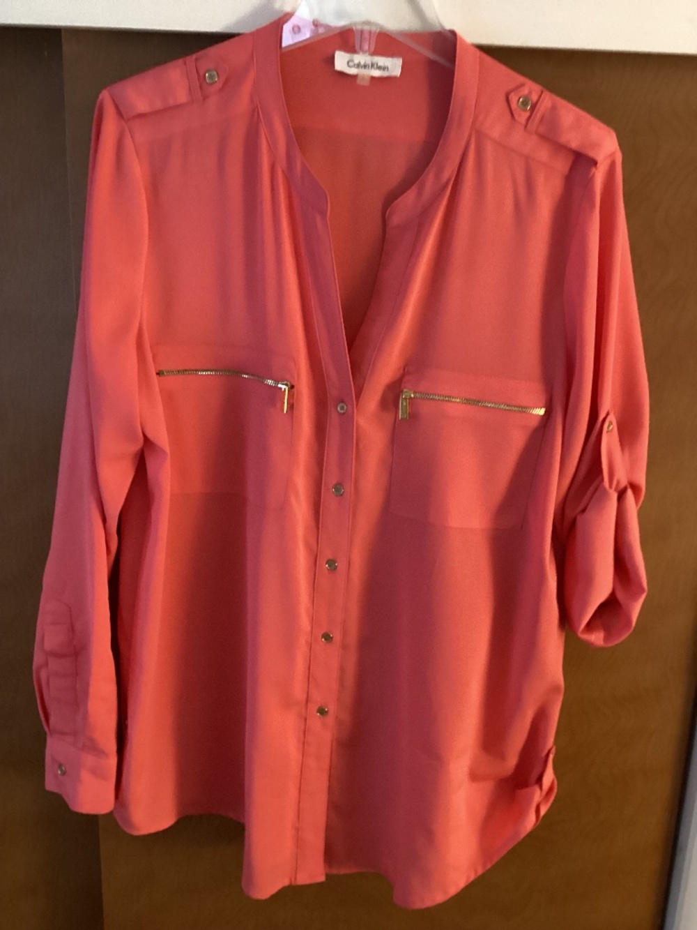 Calvin Klein Women’s Coral Button Up Long or Roll Sleeve Blouse Size L